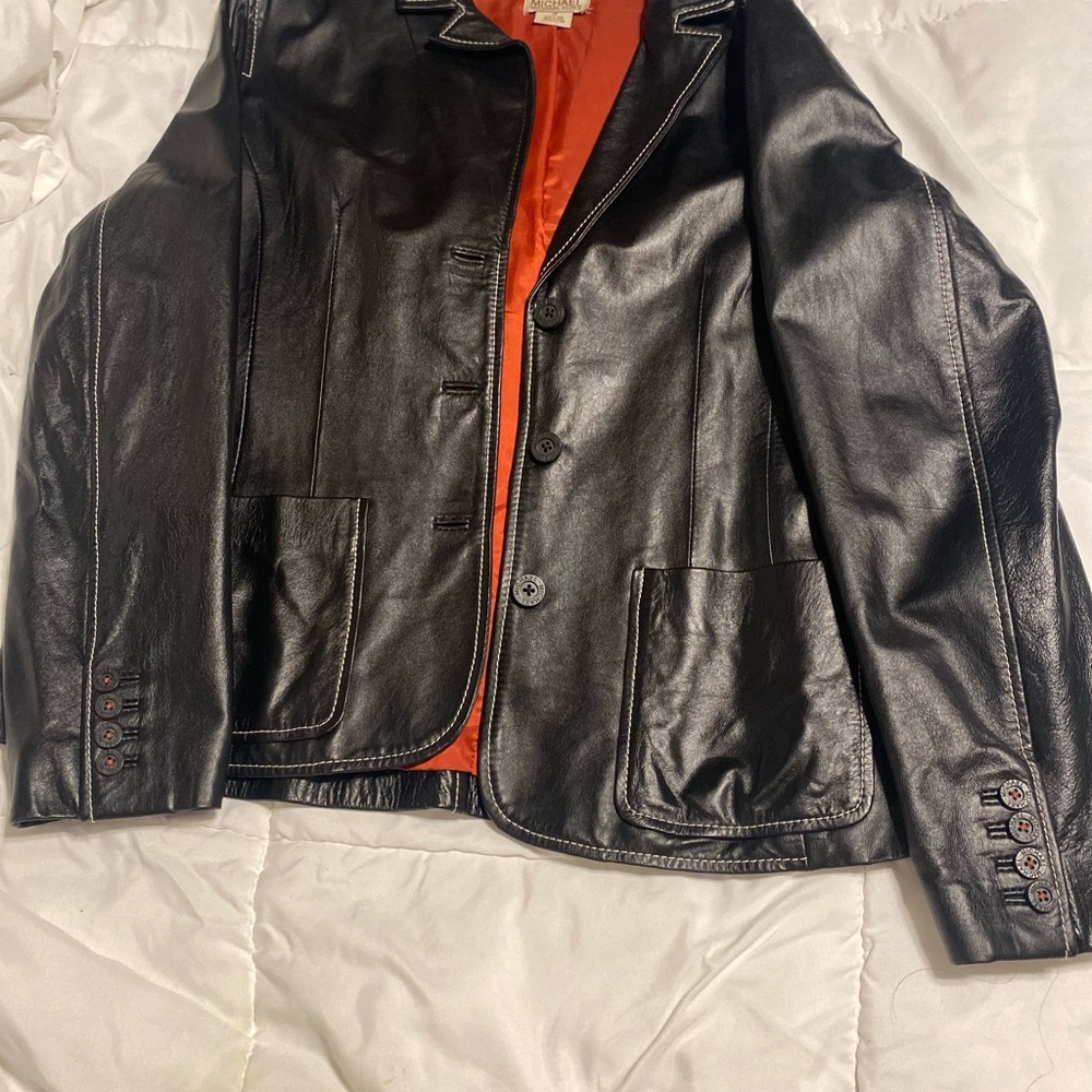 Michael Kors Black Leather Jacket with Vibrant Orange Lining